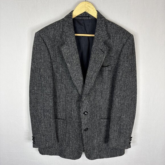 Vintage Harris Tweed Sport Coat Blazer Men 42 Handwoven Scotland Gray Black Wool - Picture 1 of 7